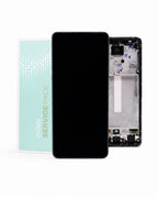 A replacement smartphone screen assembly shown with its black front panel in front, the exposed internal frame and circuitry behind it, and a mint-green service pack card on a clean white background.