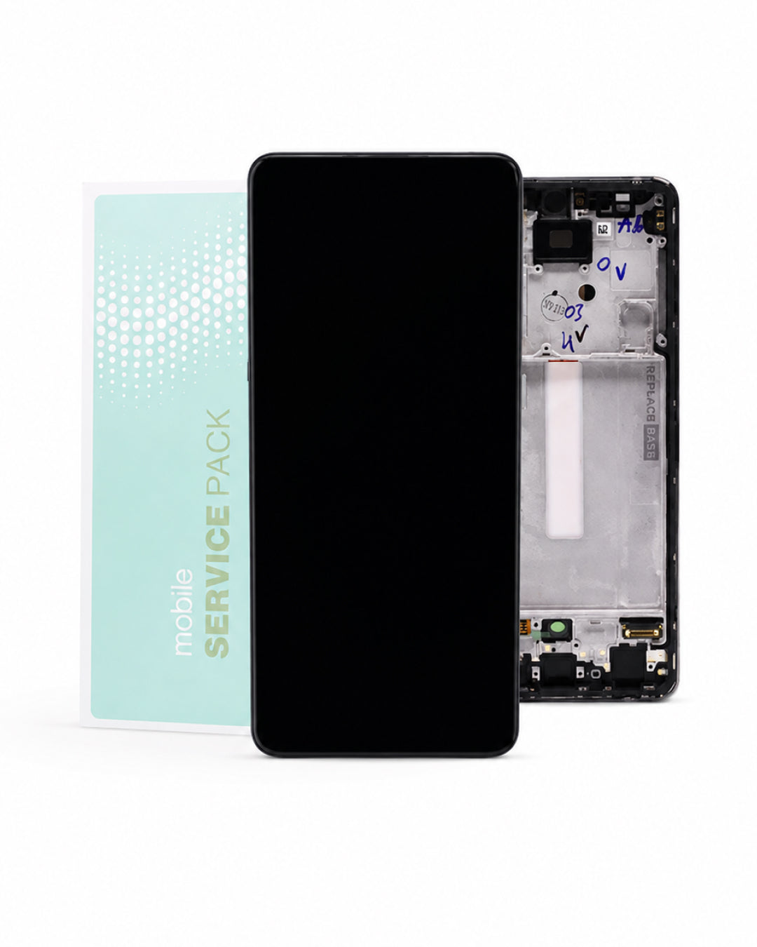 A replacement smartphone screen assembly shown with its black front panel in front, the exposed internal frame and circuitry behind it, and a mint-green service pack card on a clean white background.