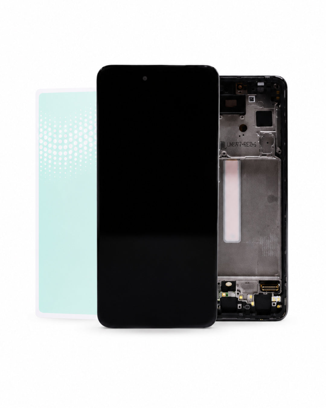 A replacement smartphone display screen assembly shown with the front black panel in front, the internal frame and circuitry visible behind it, and a pale mint protective film or mat on the left, all on a clean white background.