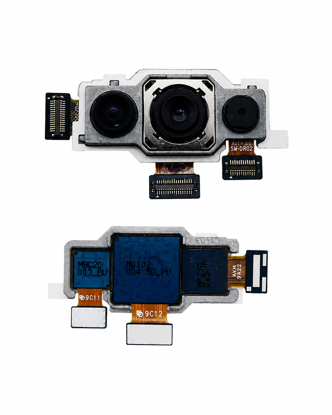 A replacement camera flex cable assembly shown from both front and back views on a solid white background. The assembly features three camera lenses, gold-plated connector pins, and a blue protective cover on the back.