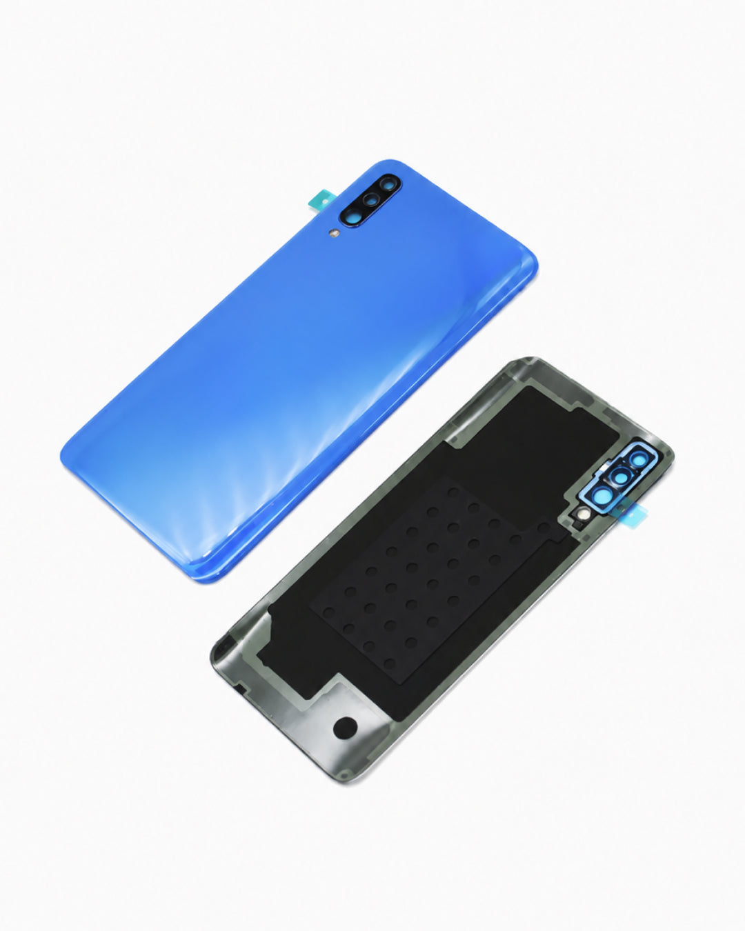 A blue glossy smartphone back cover shown alongside its black inner frame and trim piece, likely for a replacement phone case or body kit, photographed on a clean white background.