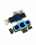 Two replacement smartphone camera module components on a clean white background, one with dark blue lenses and one with light blue lenses.