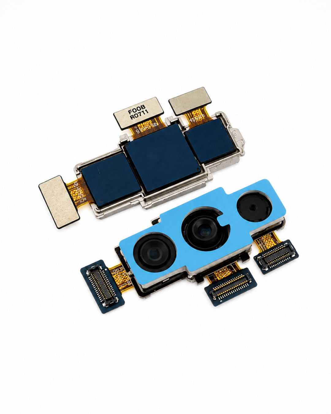 Two replacement smartphone camera module components on a clean white background, one with dark blue lenses and one with light blue lenses.