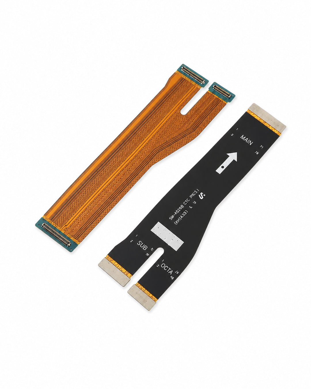 Two replacement flex cable connectors for an electronic device, one with a gold-orange ribbon and one with a black ribbon, shown on a white background.