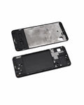 A replacement smartphone front glass display panel shown in two views: the outer black frame on top and the inner black glass panel with adhesive and internal components below, on a white background.
