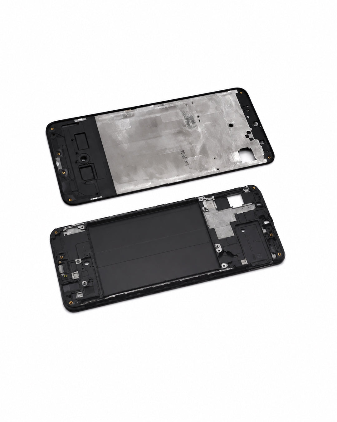 A replacement smartphone front glass display panel shown in two views: the outer black frame on top and the inner black glass panel with adhesive and internal components below, on a white background.