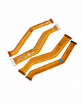 Three flexible flat cable (FFC) connectors with orange-gold traces and white solder pads, arranged diagonally on a plain white background.