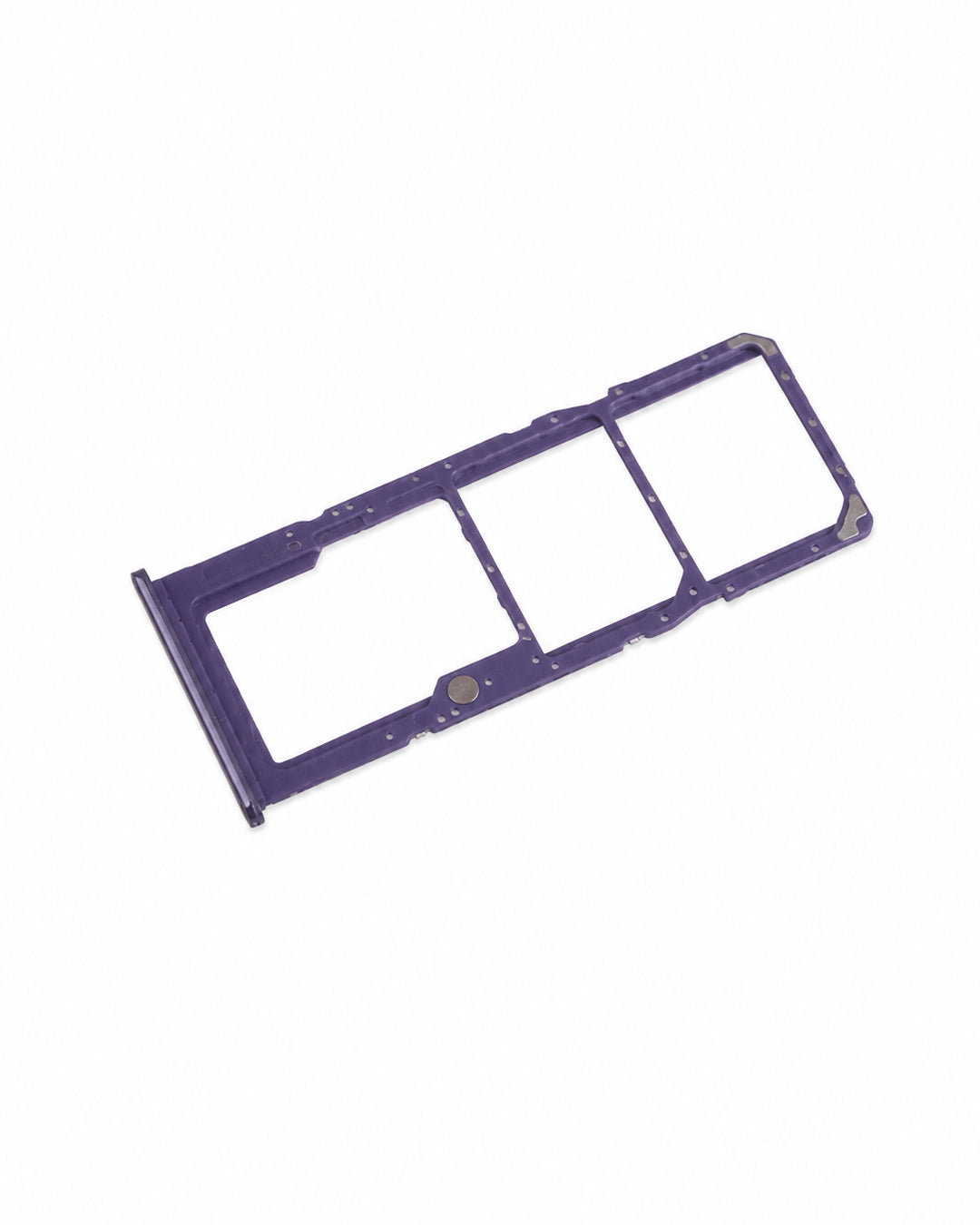 A purple plastic SIM card tray adapter with three cutouts, shown diagonally on a plain white background.