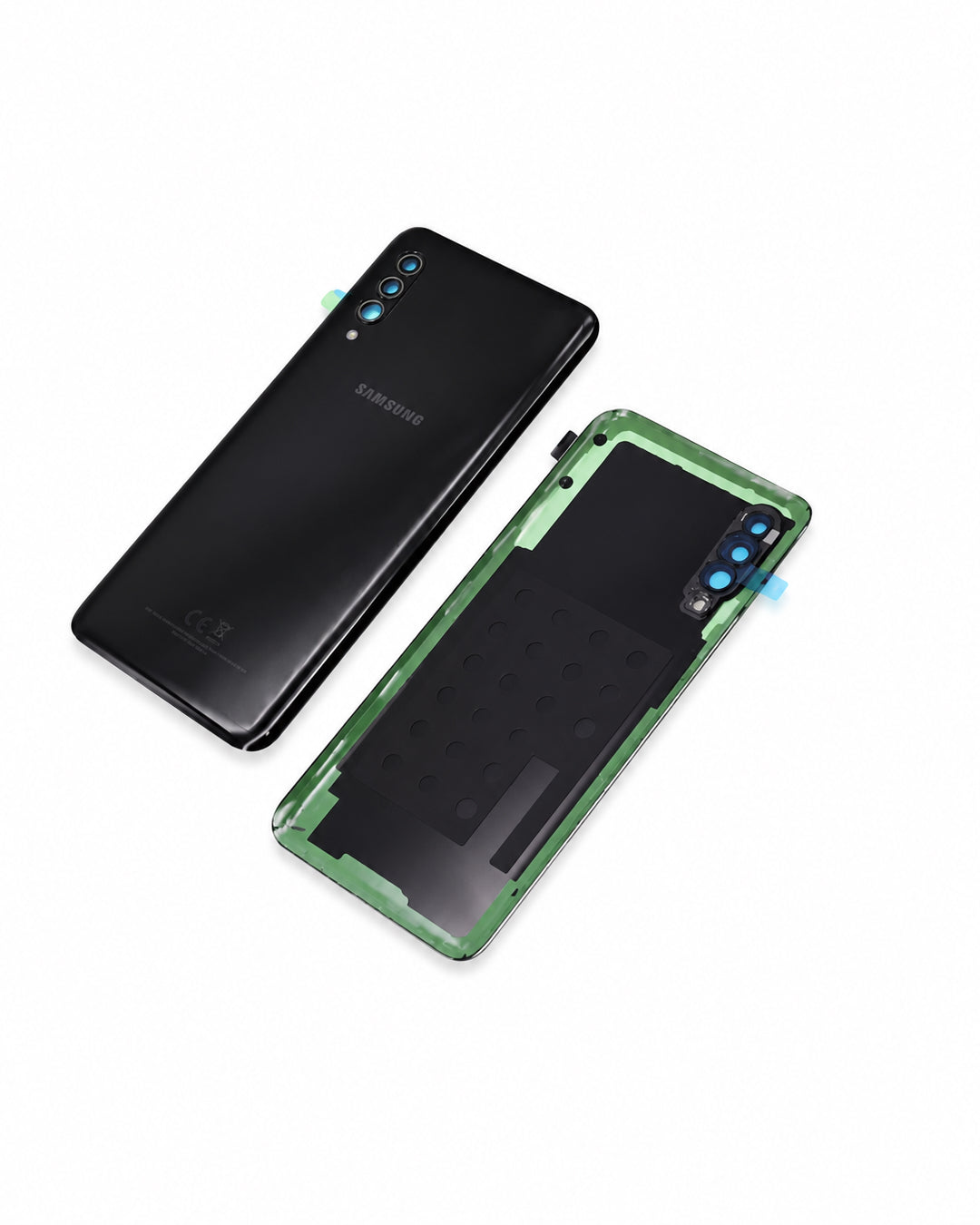 A Samsung smartphone shown from the back in two views on a white background: one black glossy back cover and one green transparent protective bumper case with a black insert.