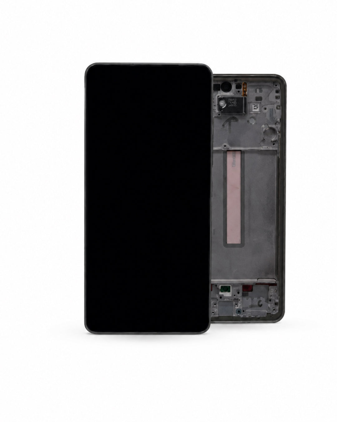 A replacement smartphone front glass display panel shown next to its matching black rear frame and internal components on a clean white background.