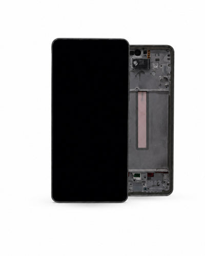 A replacement smartphone front glass display panel shown next to its matching black rear frame and internal components on a clean white background.