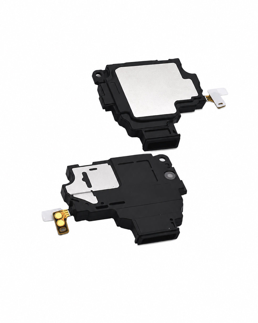 Two replacement smartphone speaker driver components, showing both front and back views with black plastic housings, silver metal plates, and gold-plated flex connectors, on a solid white background.