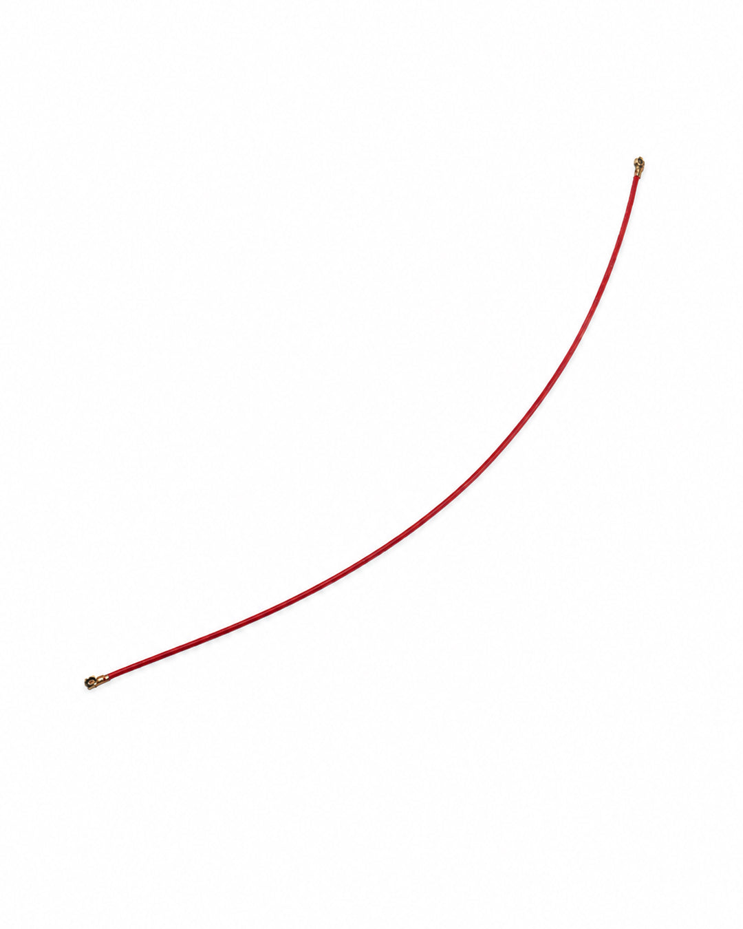 A curved red cable with small gold-toned metal connectors at both ends, shown on a plain white background.