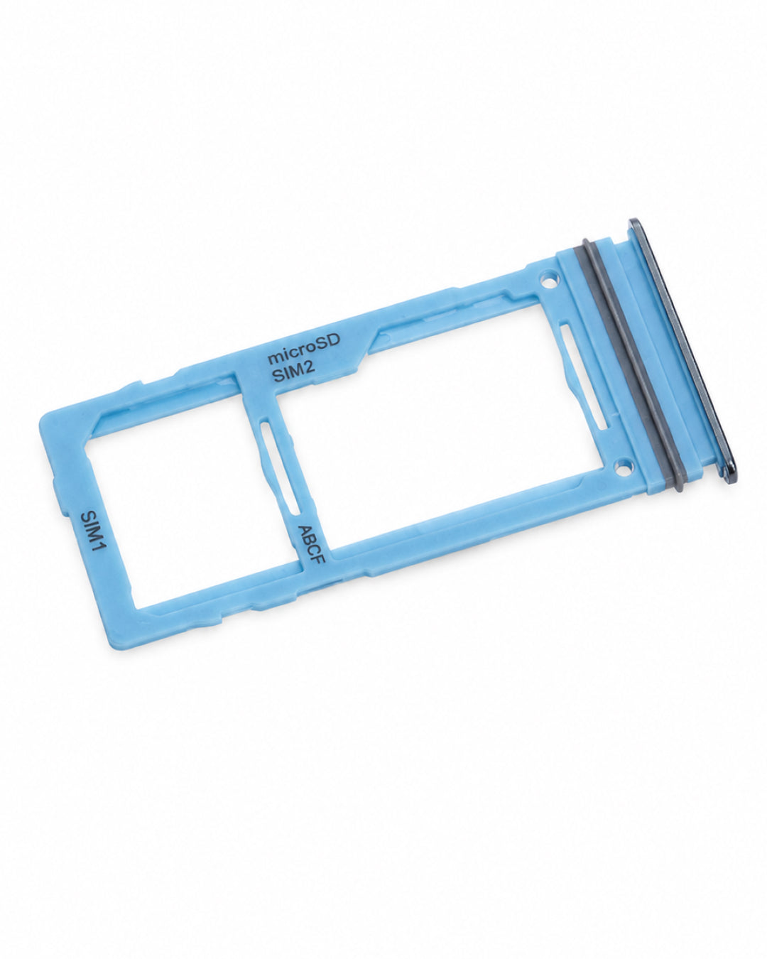 A light blue plastic SIM card tray insert with printed labels for SIM1, SIM2, microSD, and SD, shown on a clean white background.