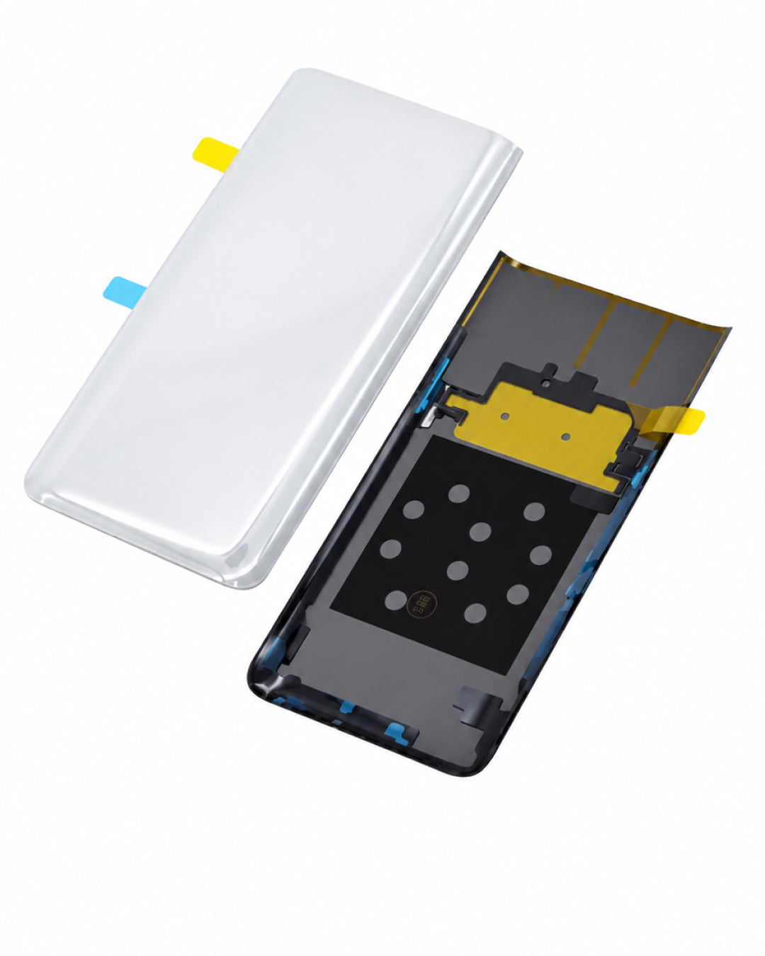 A replacement smartphone front glass display panel shown in two pieces: a white outer cover on the left and the black inner frame with gold contacts and adhesive tabs on the right, photographed on a white background.