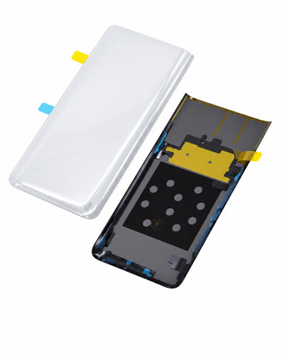 A replacement smartphone front glass display panel shown in two pieces: a white outer cover on the left and the black inner frame with gold contacts and adhesive tabs on the right, photographed on a white background.