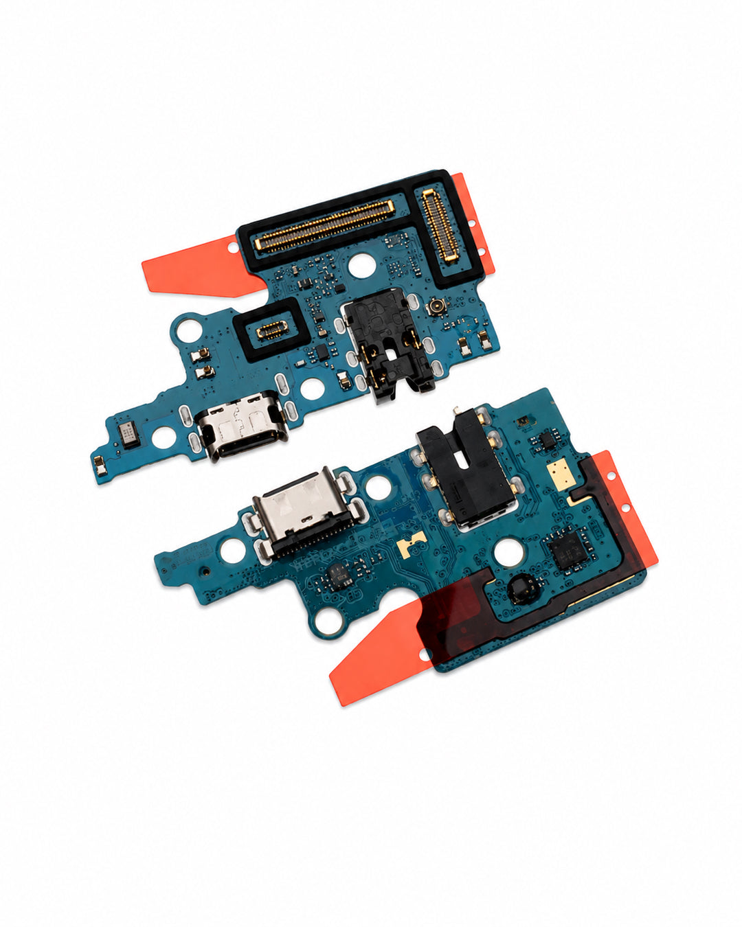Two replacement phone flex circuit boards with blue PCBs, black connectors, and orange protective tabs, shown on a white background.