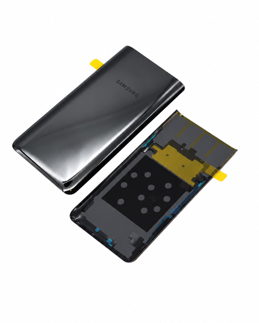 A Samsung smartphone replacement part showing both the glossy black front glass panel and the internal backplate assembly with gold contacts, on a white background.