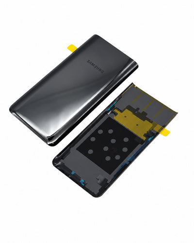 A Samsung smartphone replacement part showing both the glossy black front glass panel and the internal backplate assembly with gold contacts, on a white background.