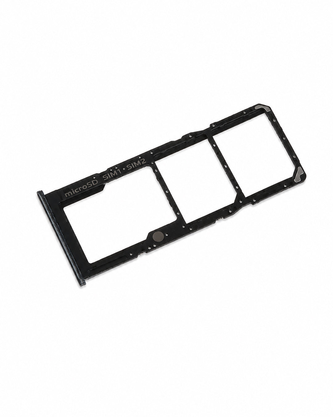 A black plastic SIM card tray with three card slots, featuring 'microSD SIM1+SIM2' printed on the left side, shown on a plain white background.