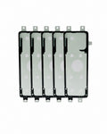 Five replacement smartphone front glass panels with black protective borders and adhesive contact points, arranged side-by-side on a white background.