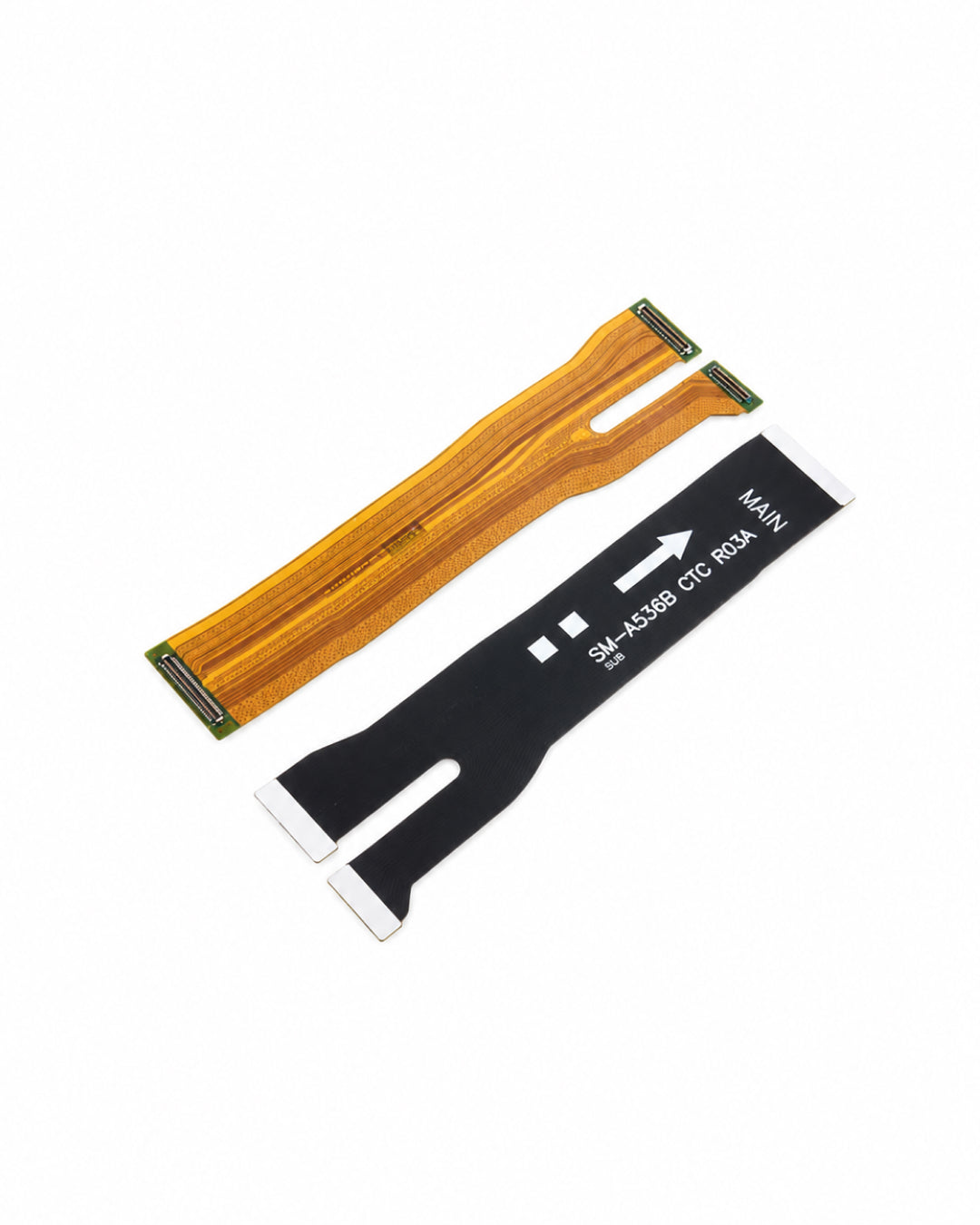Two replacement phone flex cable connectors on a plain white background: one gold/orange ribbon cable with green contacts and one black ribbon cable with white text and arrow.