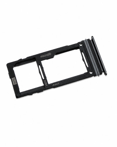 A black dual SIM card tray adapter with a microSD slot, featuring white printed text including 'SIM', 'microSD', 'eSIM', and '2ND', shown on a plain white background.