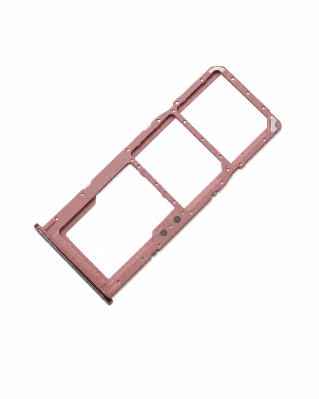 A metallic rose gold dual SIM tray adapter frame, shown diagonally on a solid white background.