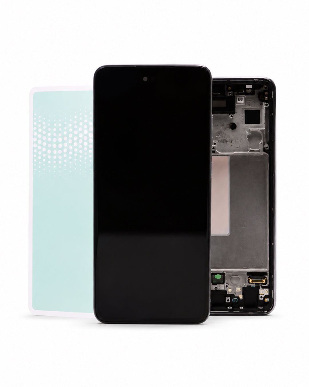 A replacement smartphone front glass display panel with its black screen, shown alongside the inner frame and a light blue protective film on a white background.