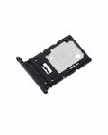 A black plastic SIM card tray insert with a silver metallic contact plate, shown on a plain white background.