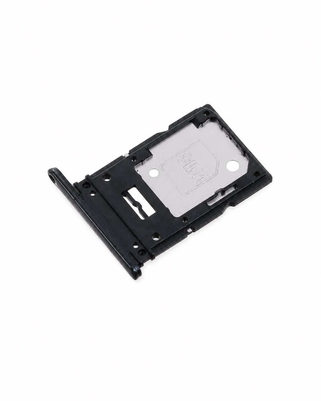 A black plastic SIM card tray insert with a silver metallic contact plate, shown on a plain white background.