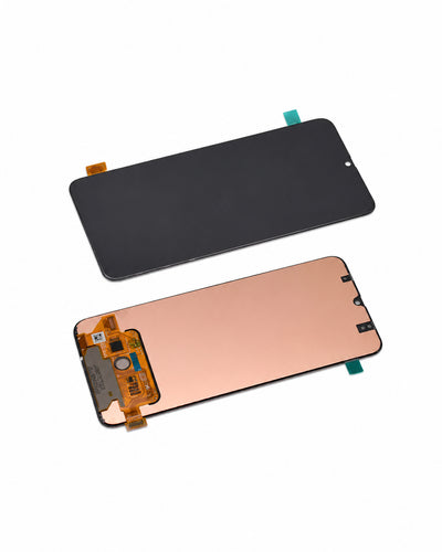 A replacement smartphone display screen assembly shown from two angles: one side with a black front panel and the other showing the copper-colored reflective glass and internal circuitry, set against a plain white background.