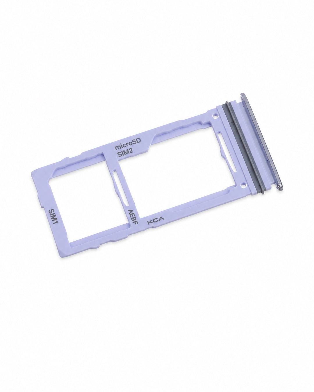 A light purple plastic SIM card tray adapter with pre-drilled slots and printed labels including 'microSD SIM2', 'SIM1', and 'KCA', shown on a plain white background.