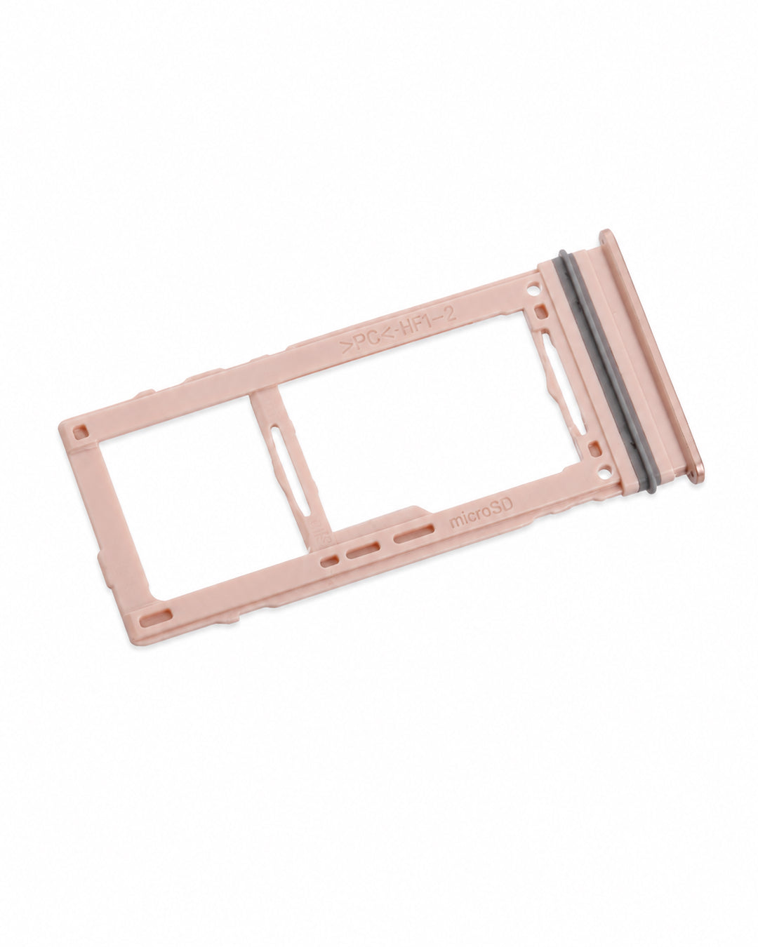 A rose gold plastic SIM card tray insert with a black rubber O-ring, shown on a clean white background.