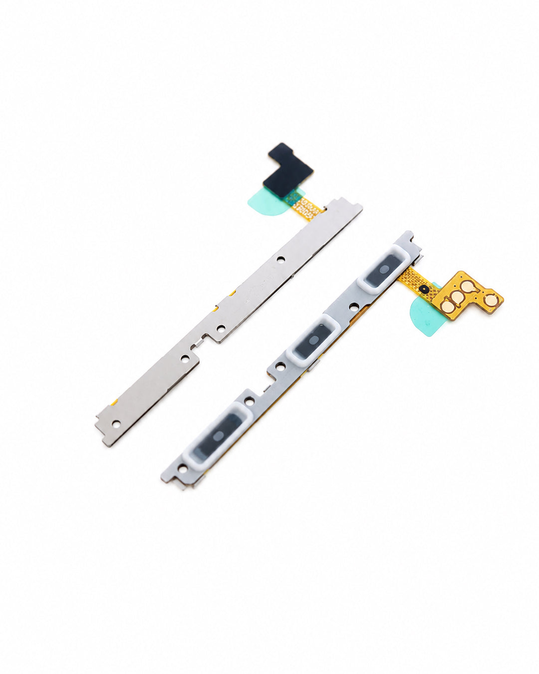 Two replacement flex cable modules for a smartphone, featuring silver metal traces, gold-plated connectors, and small black and green adhesive pads, shown on a plain white background.