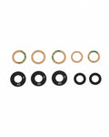 A set of bicycle headset washers, including tan paper washers with green adhesive backing and four black rubber washers labeled with size '40' and letter 'F', arranged on a plain white background.