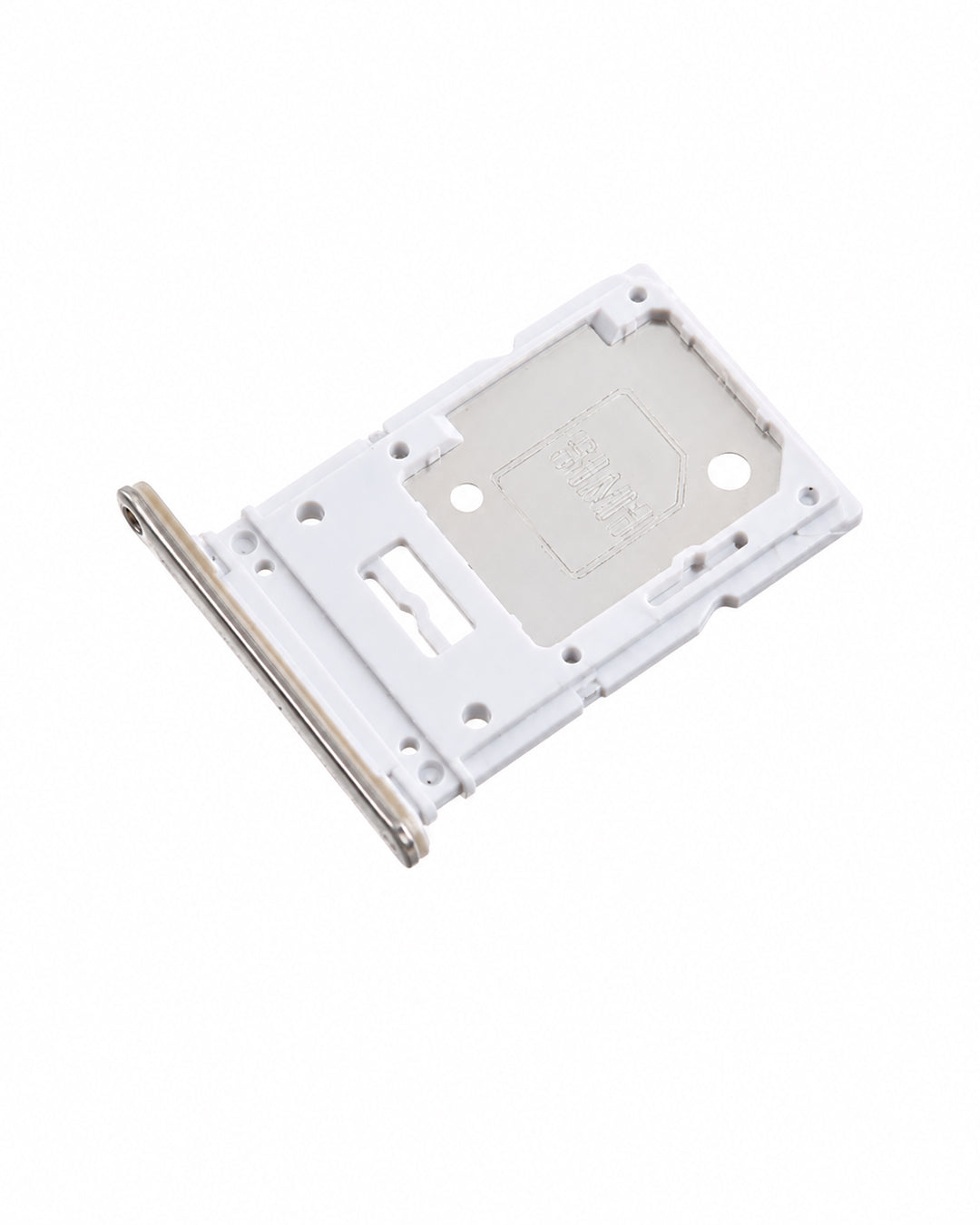 A white plastic SIM card tray adapter with a silver metal contact strip, shown on a plain white background.