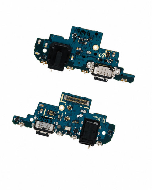 Two replacement phone charging port board connectors with blue PCBs, USB-C and USB-A ports, and black plastic inserts, shown on a white background.