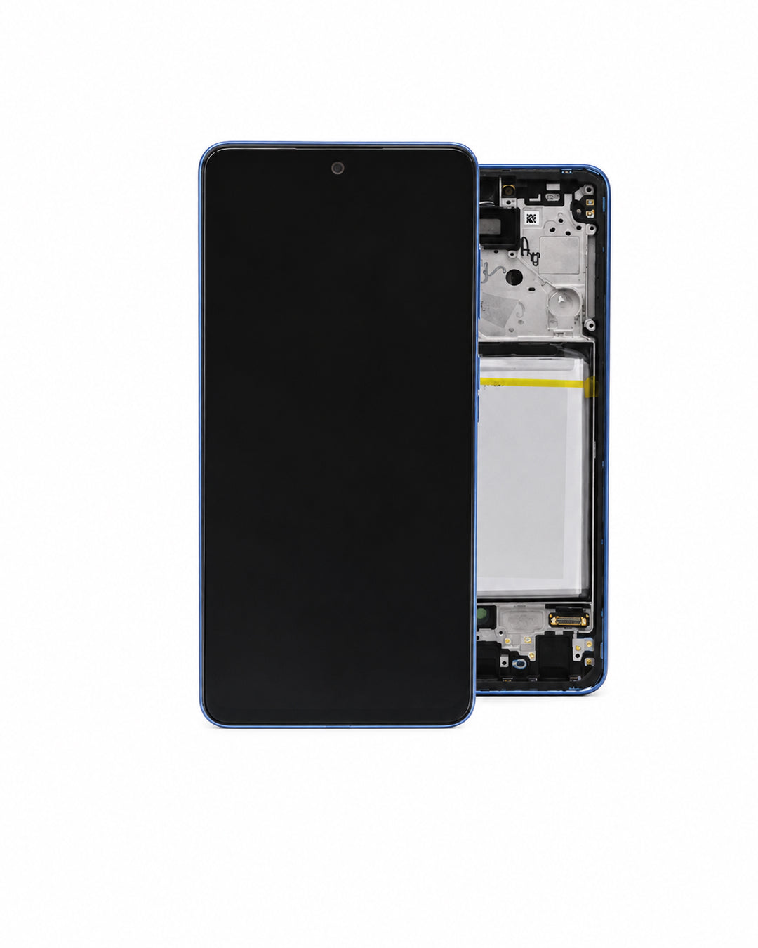 A replacement smartphone front glass screen and LCD assembly with its internal frame and battery visible, shown against a plain white background.