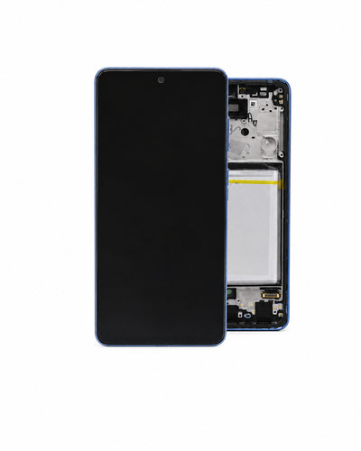A replacement smartphone front glass screen and LCD assembly with its internal frame and battery visible, shown against a plain white background.