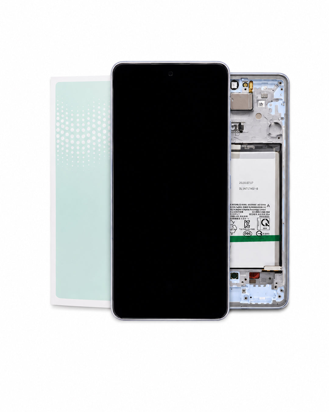 A replacement smartphone screen assembly shown disassembled, featuring the black front glass panel in the center, a translucent pale green replacement panel on the left, and the internal silver and white chassis with battery on the right, all on a solid white background.