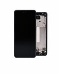 A replacement smartphone front glass display panel and LCD assembly, shown with the front face on the left and the exposed internal frame on the right, against a solid white background.