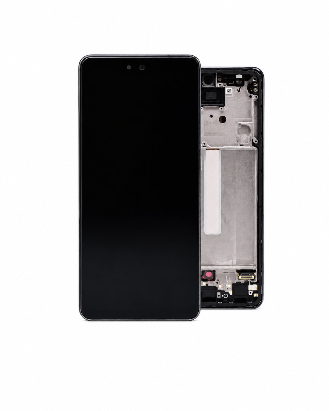 A replacement smartphone front glass display panel and LCD assembly, shown with the front face on the left and the exposed internal frame on the right, against a solid white background.