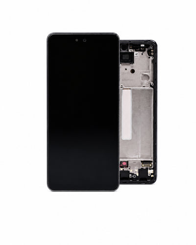 A replacement smartphone front glass display panel and LCD assembly, shown with the front face on the left and the exposed internal frame on the right, against a solid white background.