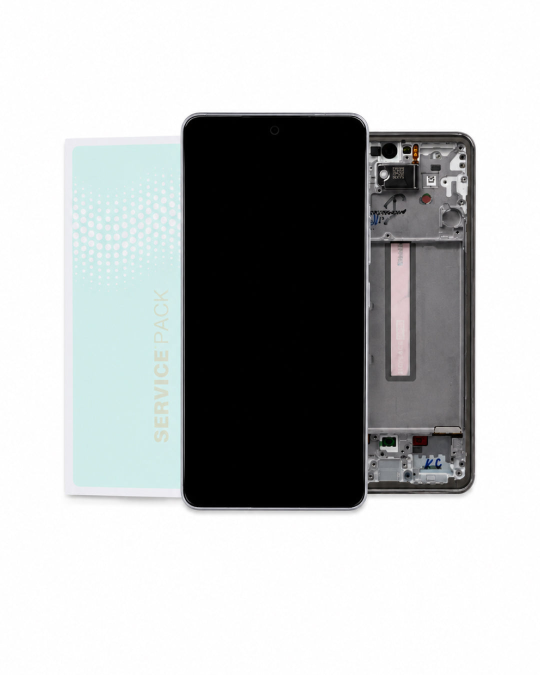 A replacement smartphone front glass screen and inner frame assembly shown alongside a light blue protective sleeve labeled 'SERVICE PACK' on a white background.