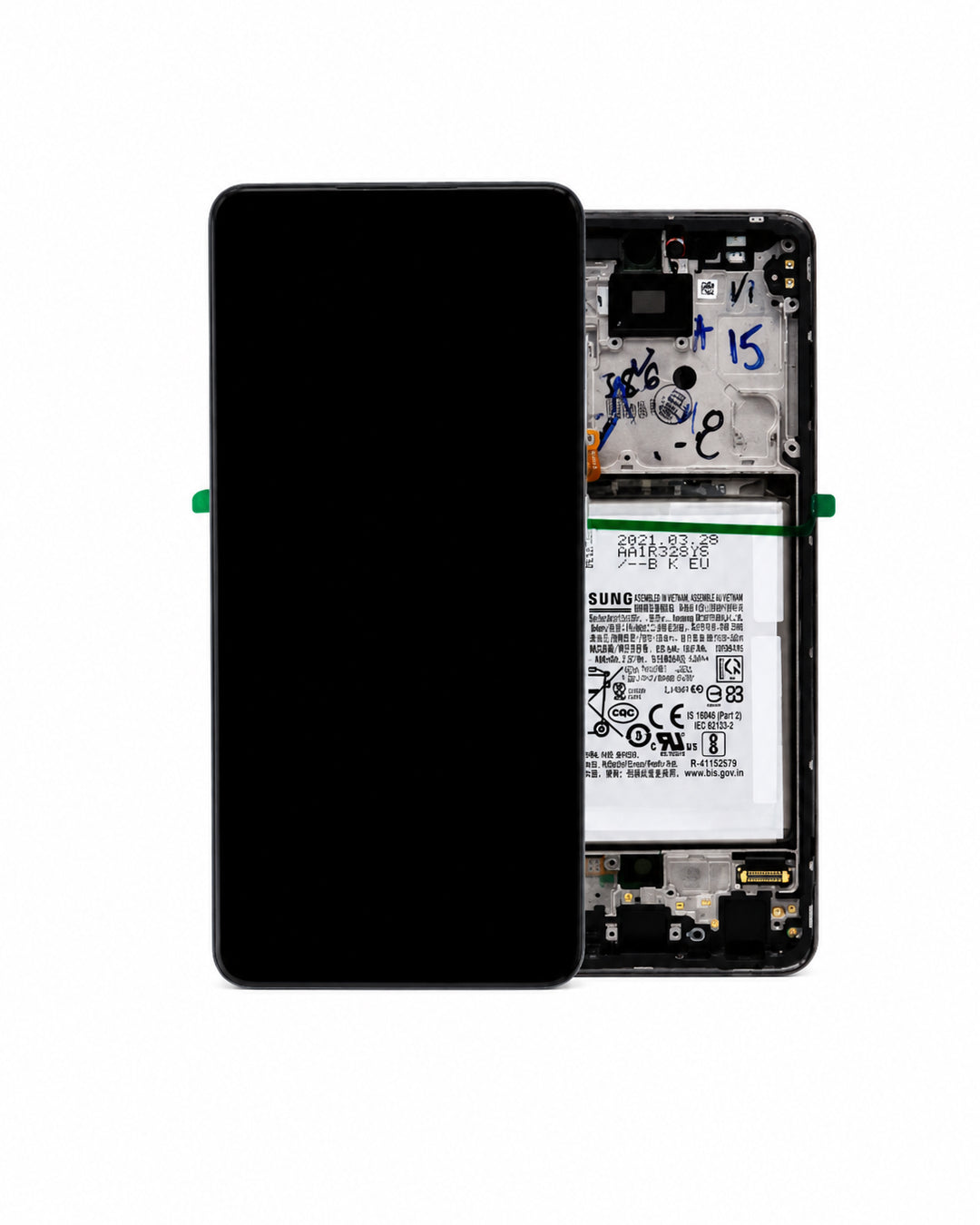 A replacement smartphone display screen and frame assembly, shown with the front black screen panel on the left and the internal frame and battery on the right, isolated on a white background.