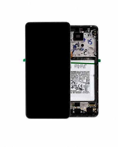 A replacement smartphone display screen and frame assembly, shown with the front black screen panel on the left and the internal frame and battery on the right, isolated on a white background.