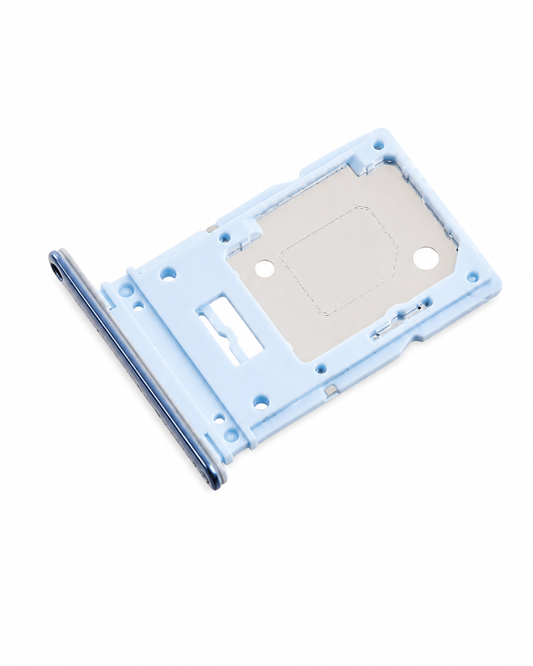 A light blue plastic SIM card tray insert with a metallic silver inner plate, shown on a clean white background.