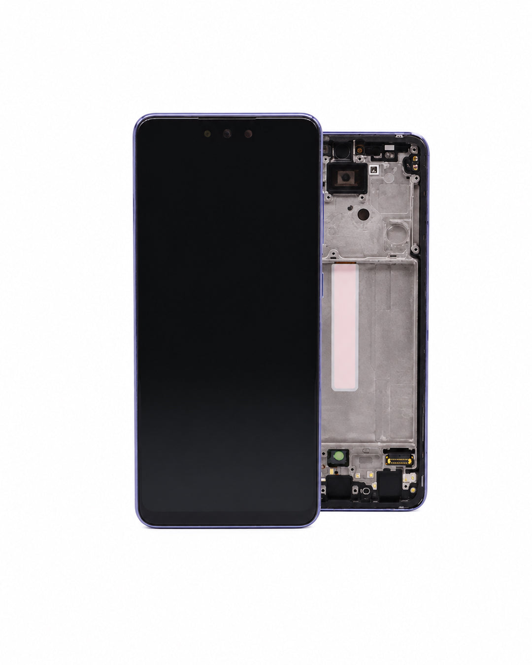 A replacement smartphone screen assembly shown front and back on a plain white background. The front view displays a black glass screen with a blue-purple bezel, and the back view shows the internal silver and black chassis of the phone.