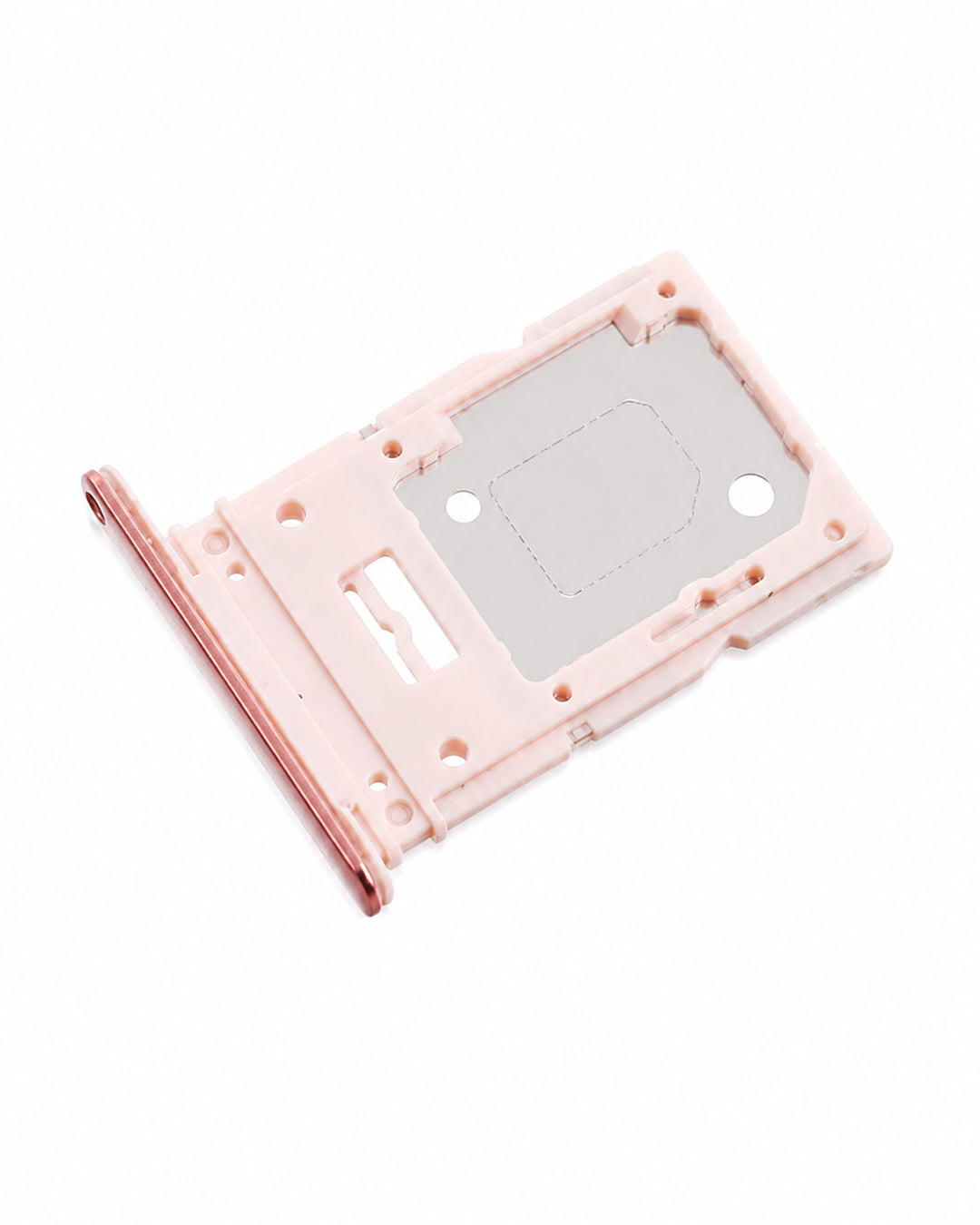 A replacement SIM card tray insert with a light pink plastic frame and a metallic silver inner plate, shown on a plain white background.